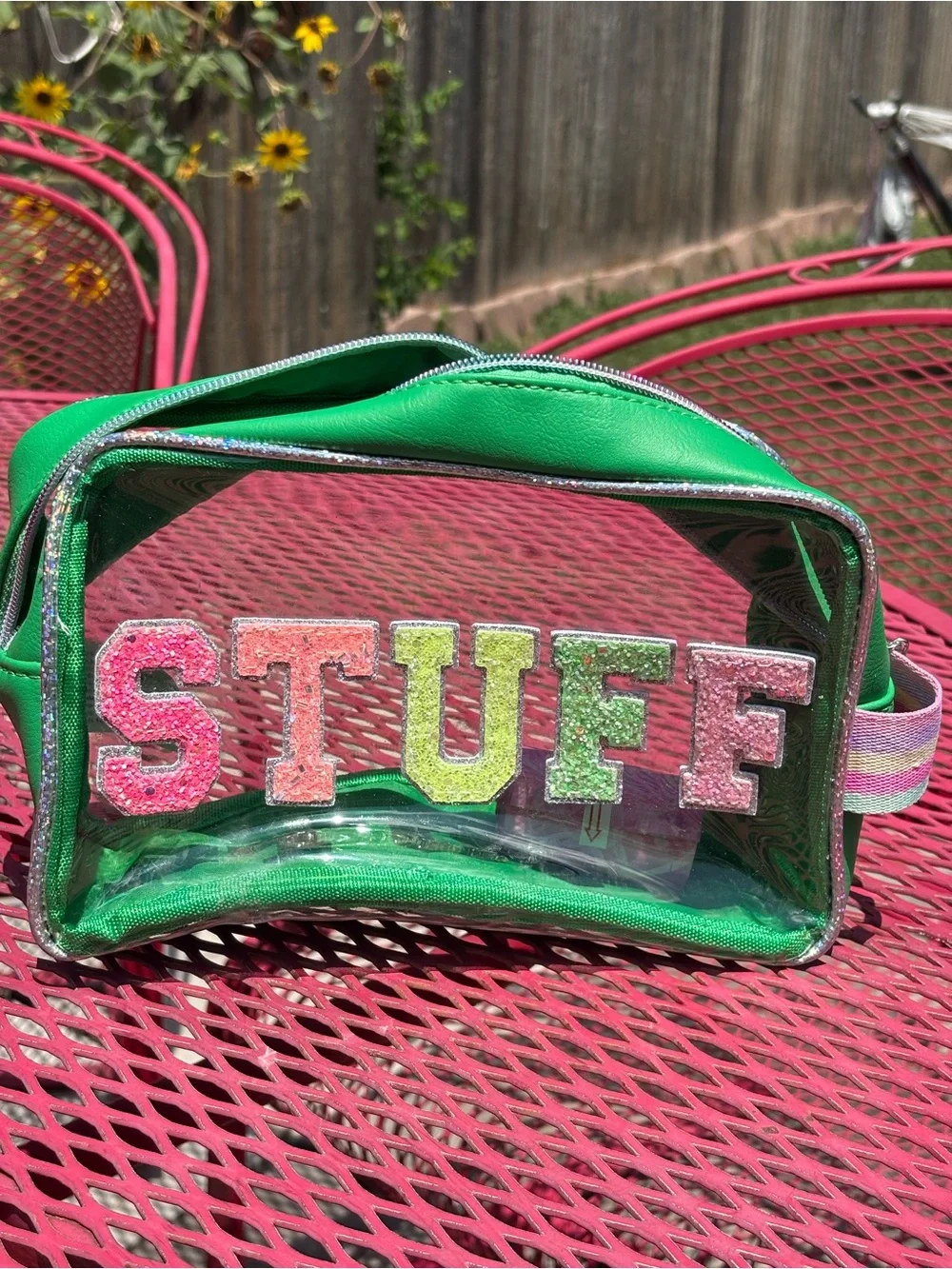 Green Clear Cosmetic Bag with 'STUFF' Glitter Monogram Lettering